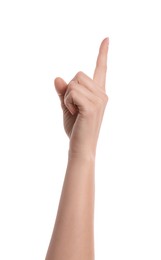 Photo of Woman pointing with index finger on white background, closeup