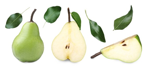 Set with tasty ripe pears on white background. Banner design