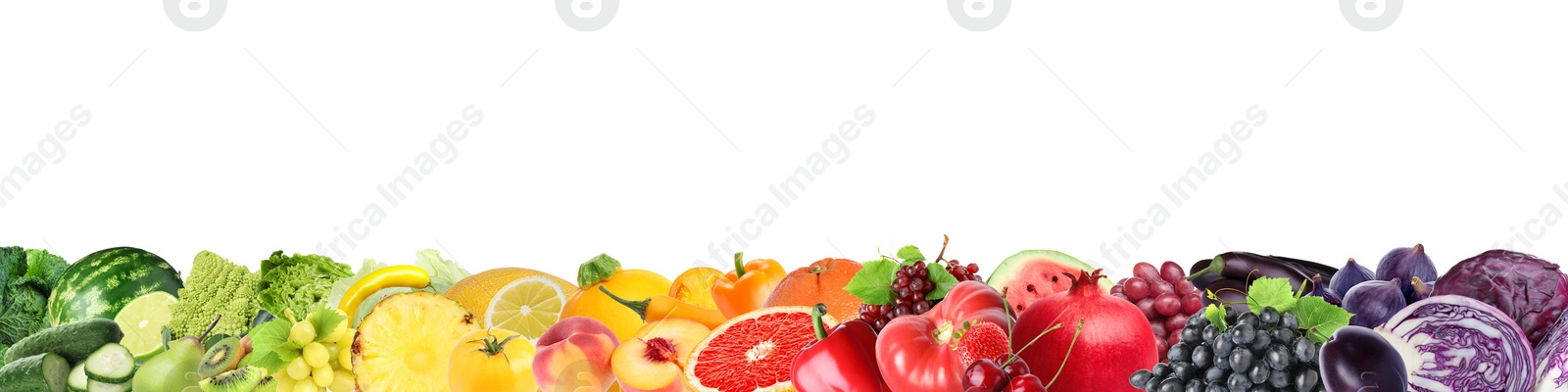 Image of Many fresh fruits and vegetables arranged in rainbow colors on white background, banner design