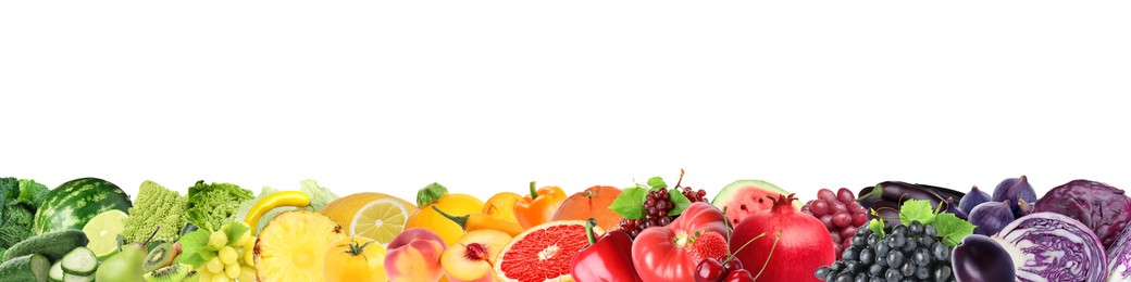 Image of Many fresh fruits and vegetables arranged in rainbow colors on white background, banner design