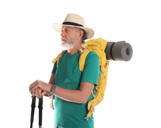 Photo of Male hiker with backpack and trekking poles on white background