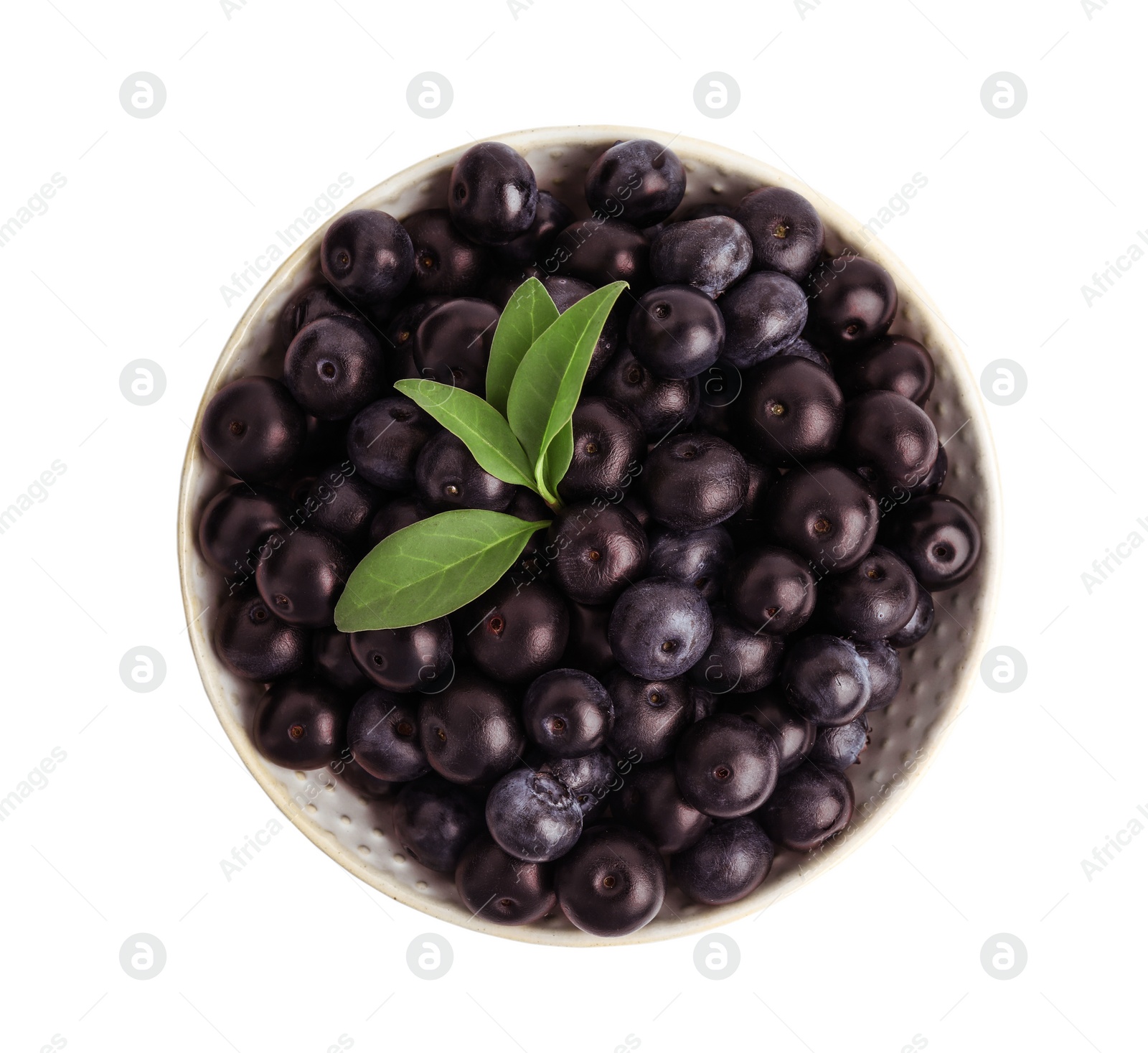 Photo of Ceramic plate with fresh acai berries on white background, top view