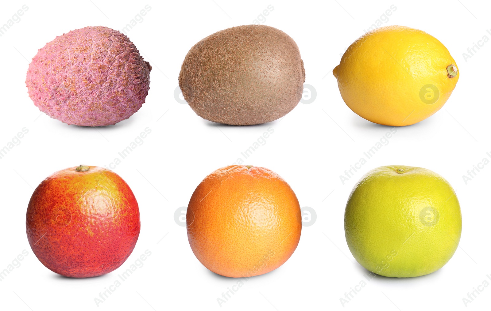 Image of Set with different delicious exotic fruits on white background