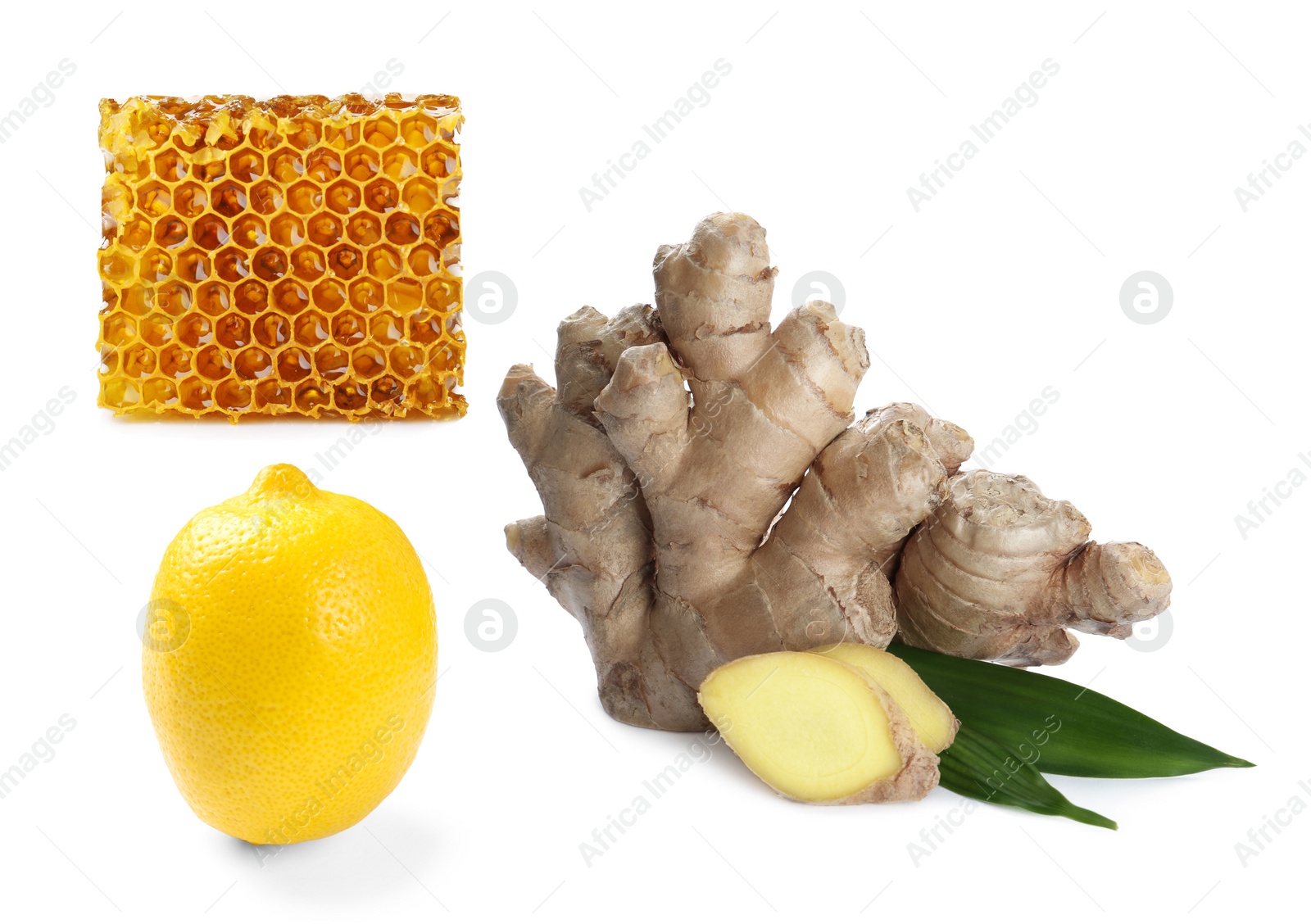 Image of Ginger root, lemon and honeycomb on white background