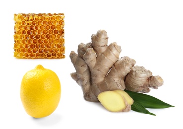 Image of Ginger root, lemon and honeycomb on white background