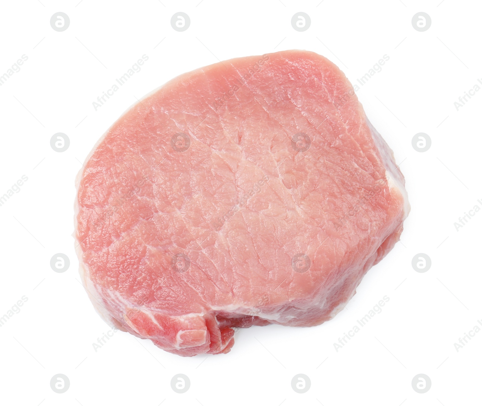 Photo of Piece of raw pork meat isolated on white, top view