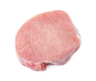 Photo of Piece of raw pork meat isolated on white, top view