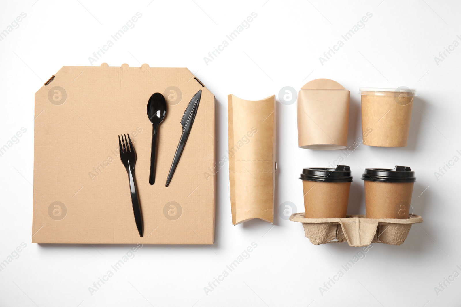Photo of Different containers for mock up design on white background, flat lay. Food delivery service