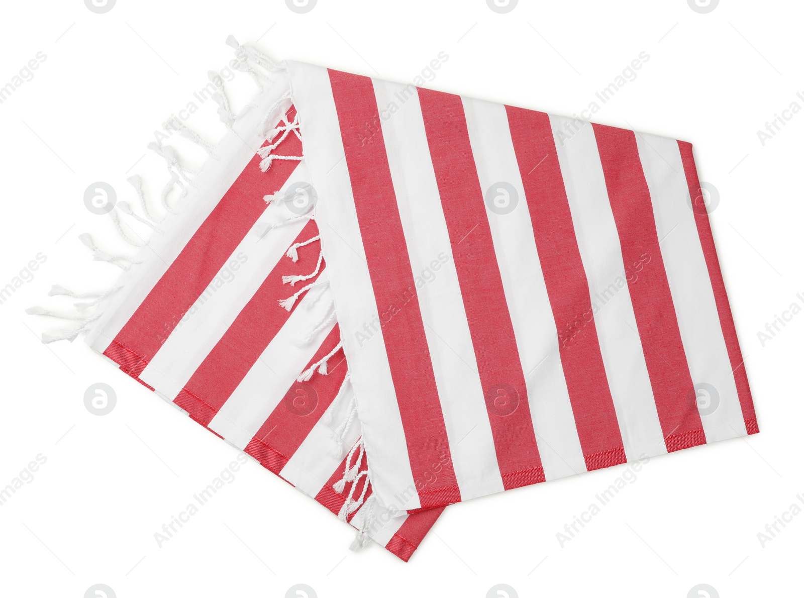 Photo of Striped beach towel isolated on white, top view