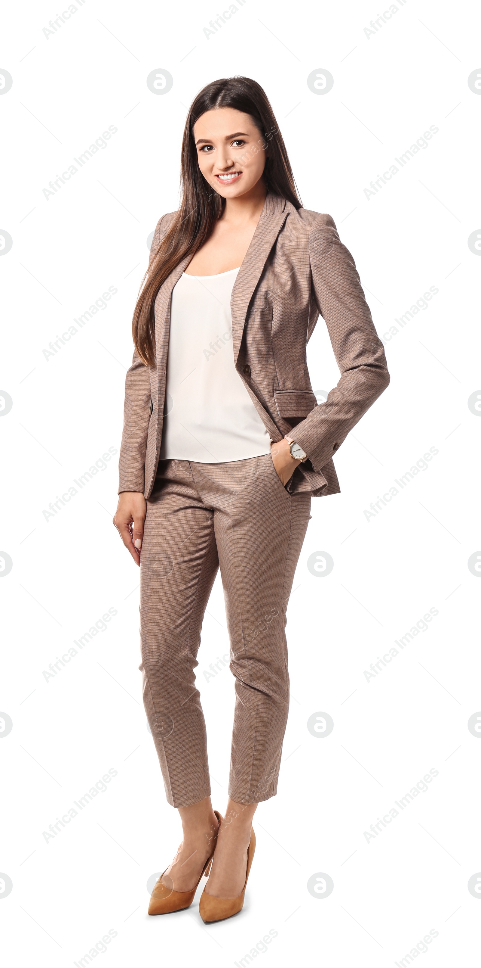 Photo of Full length portrait of businesswoman posing on white background