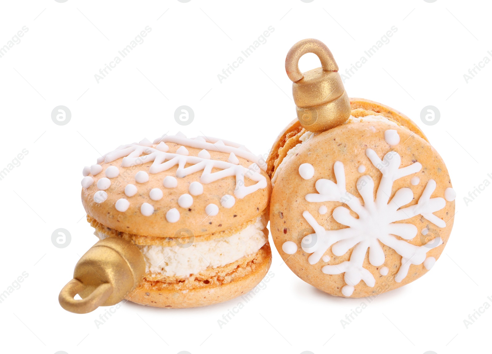 Photo of Beautifully decorated Christmas macarons on white background