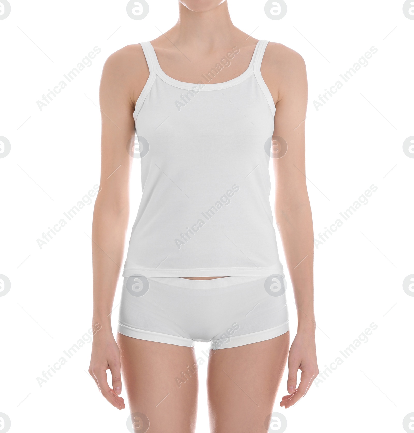 Photo of Young slim woman on white background, closeup. Weight loss