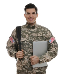 Photo of Cadet with backpack and laptop isolated on white. Military education
