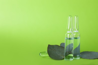 Pharmaceutical ampoules with medication and eucalyptus leaves on green background, closeup. Space for text