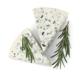 Photo of Tasty blue cheese with rosemary isolated on white, top view