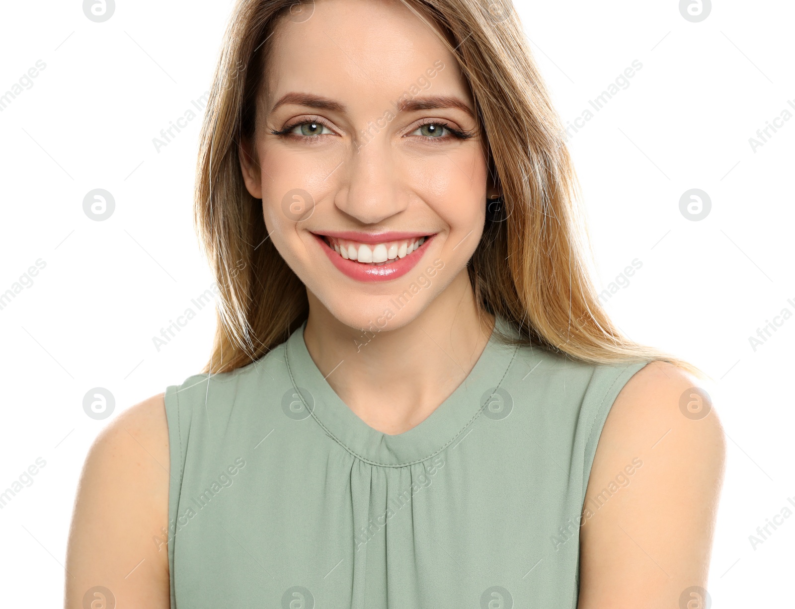 Photo of Portrait of young woman with beautiful face on white background, closeup