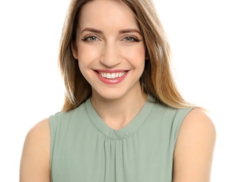 Portrait of young woman with beautiful face on white background, closeup