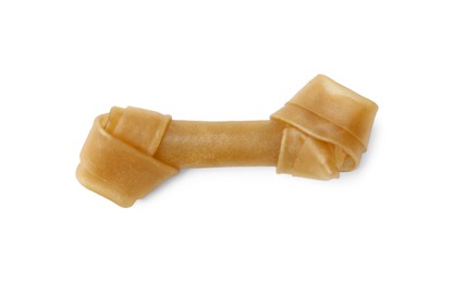 Photo of Knotted bone dog treat on white background, top view
