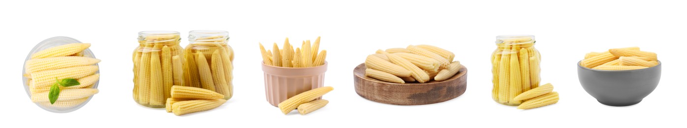 Image of Set with tasty pickled baby corn on white background. Banner design