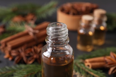 Bottle of anise essential oil, closeup view