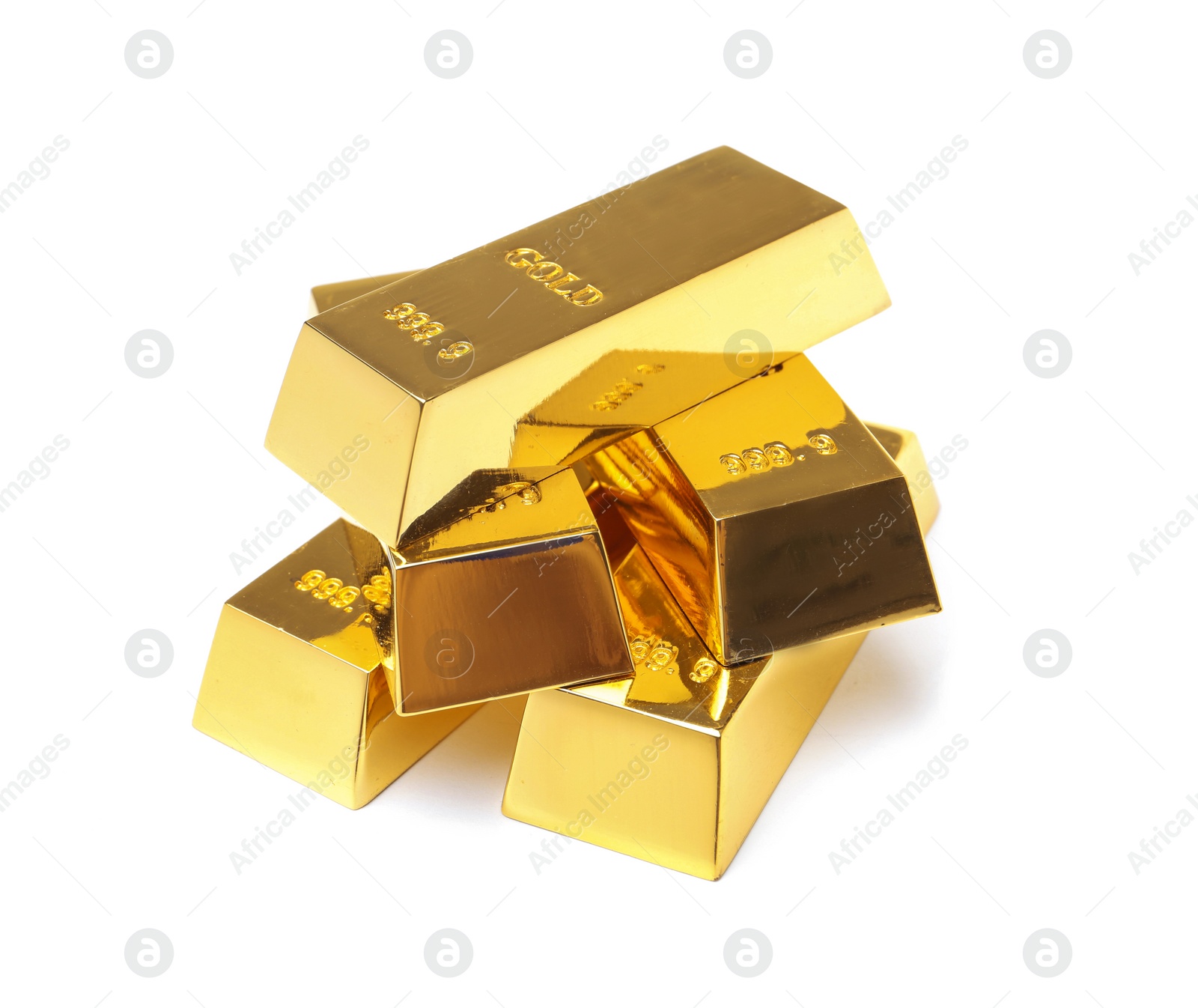 Photo of Precious shiny gold bars on white background