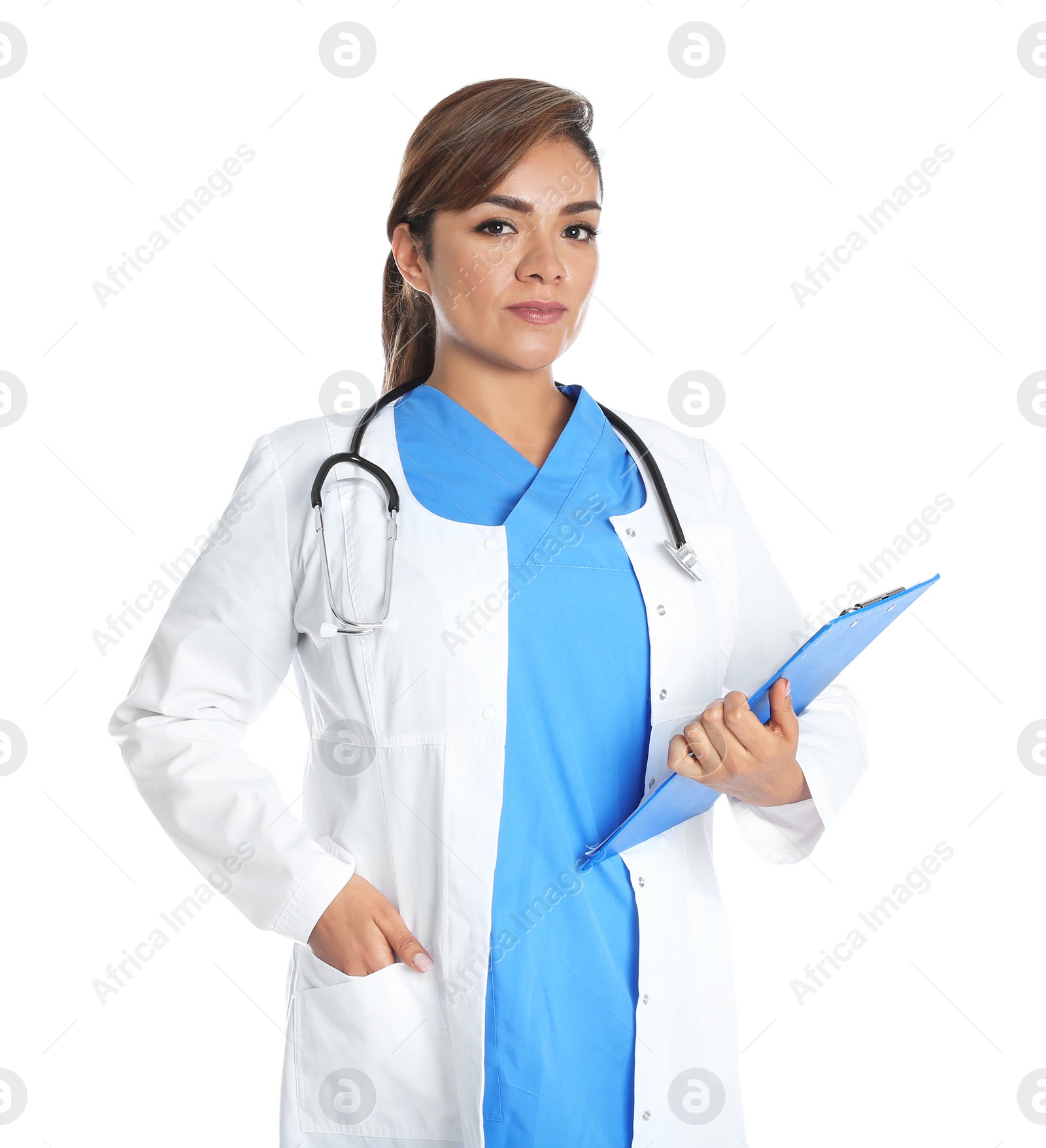 Photo of Portrait of female Hispanic doctor isolated on white. Medical staff