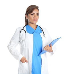 Photo of Portrait of female Hispanic doctor isolated on white. Medical staff