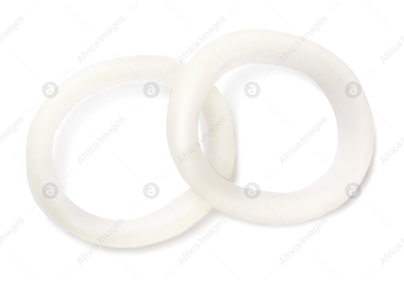 Photo of Fresh ripe onion rings on white background, top view