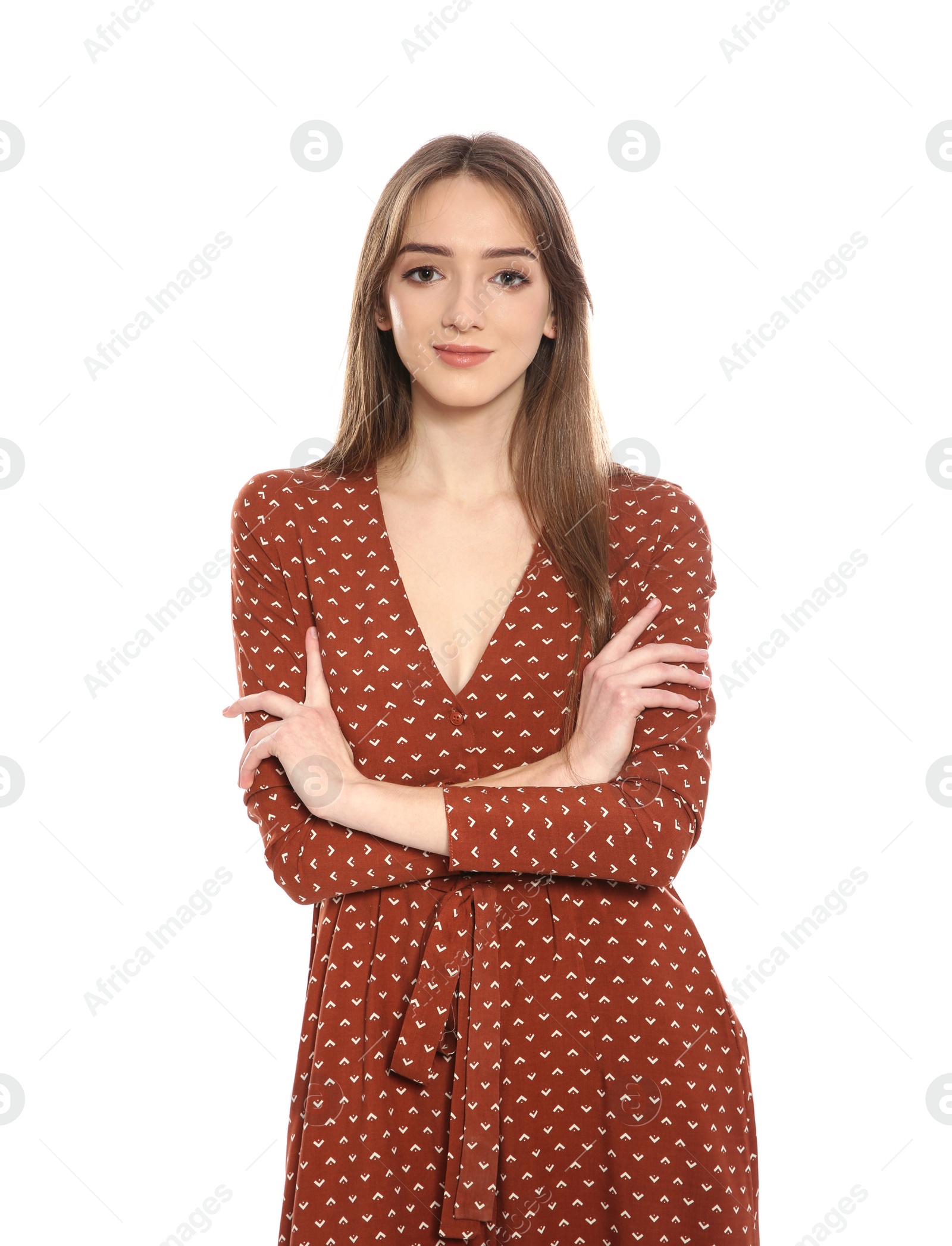 Photo of Portrait of beautiful young woman on white background