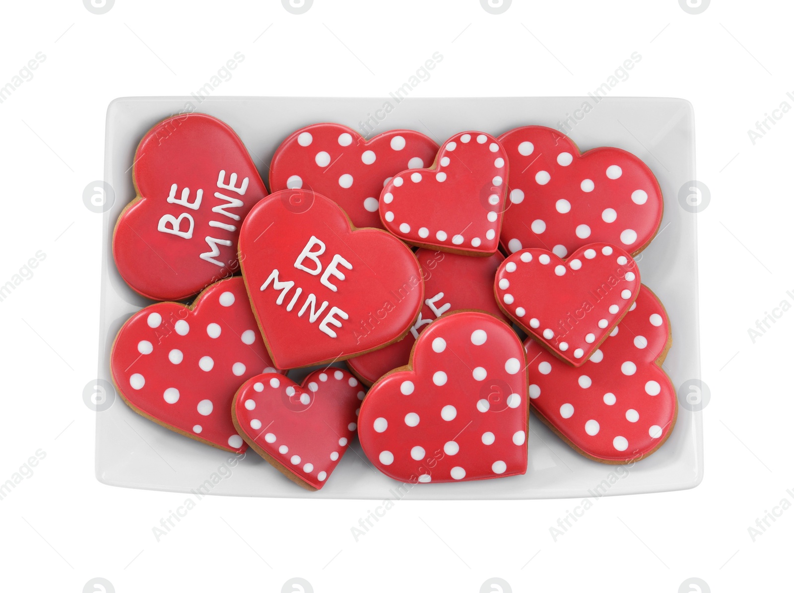 Photo of Delicious heart shaped cookies on white background, top view. Valentine's Day