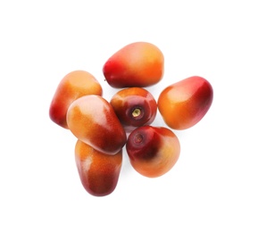 Image of Fresh ripe palm oil fruits on white background, top view