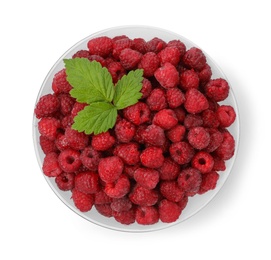 Plate with ripe raspberries on white background, top view