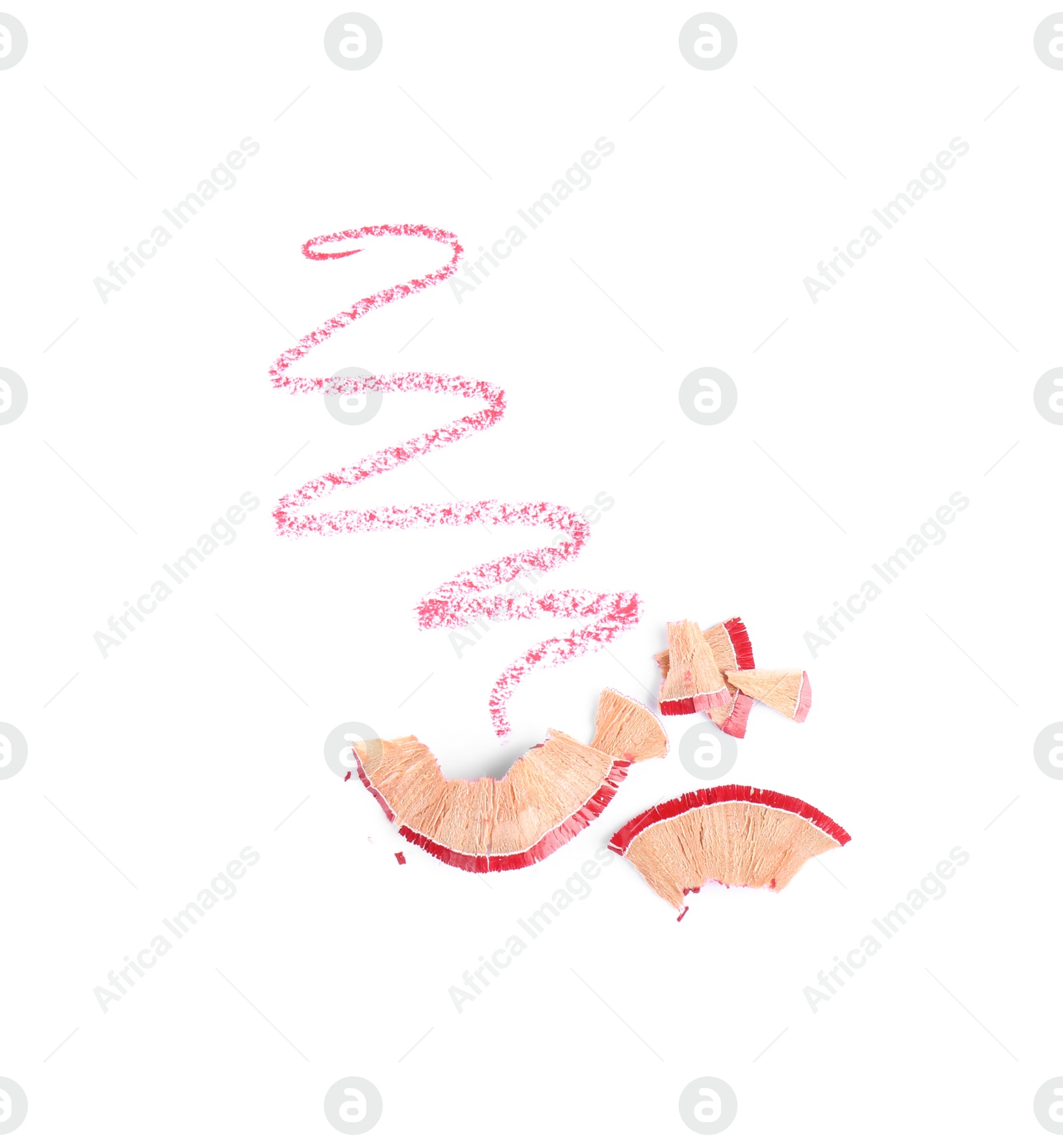 Photo of Bright lip pencil stroke and shavings on white background, top view