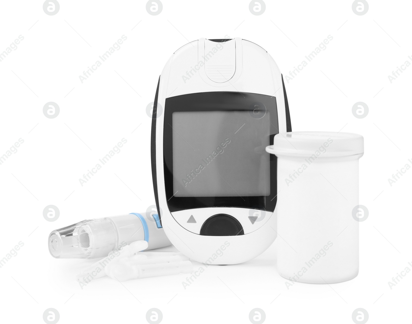 Photo of Digital glucometer, container, lancets and pen on white background. Diabetes control