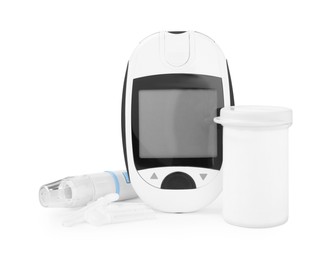 Photo of Digital glucometer, container, lancets and pen on white background. Diabetes control