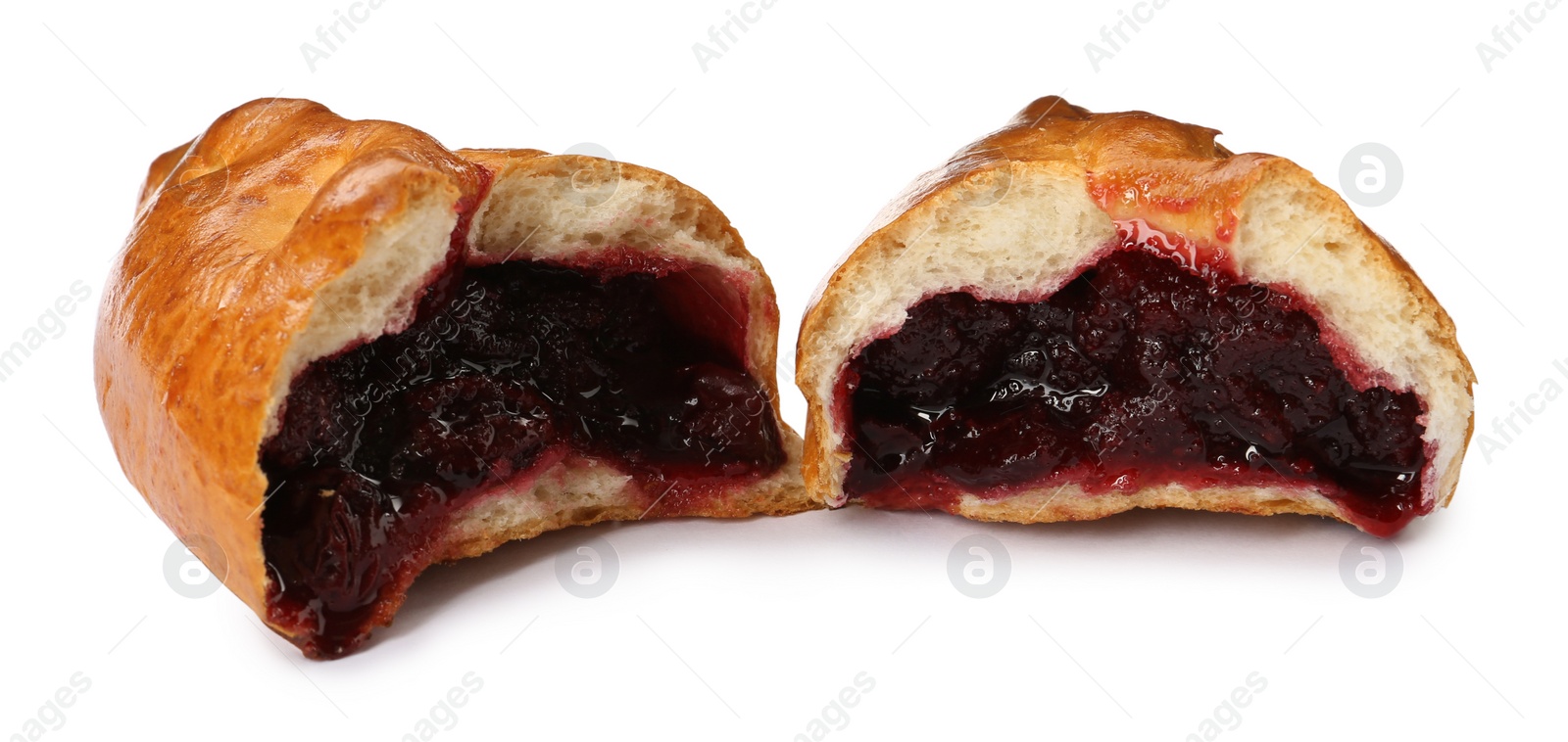 Photo of Delicious baked patty with cherry on white background