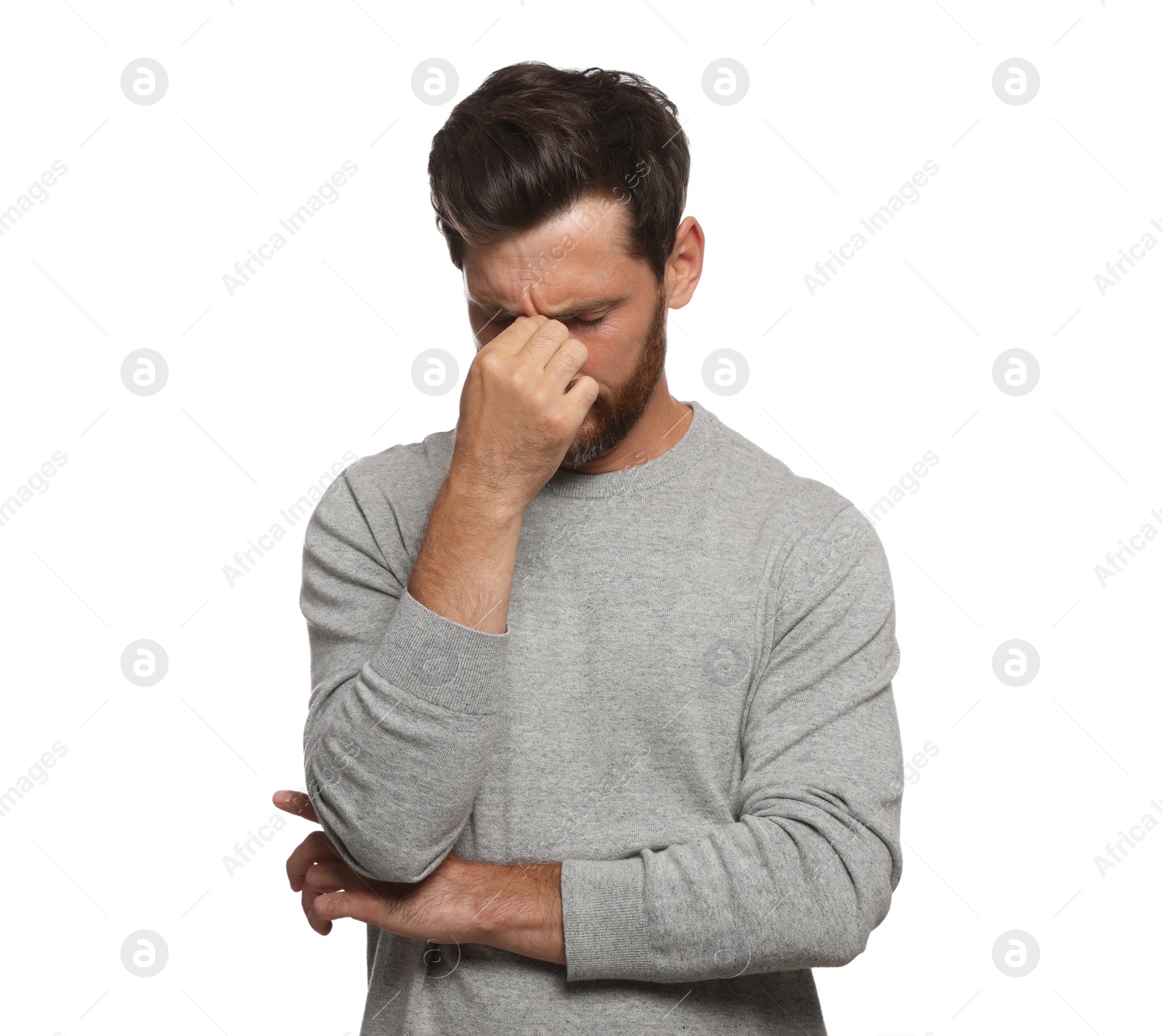 Photo of Man suffering from eyestrain on white background