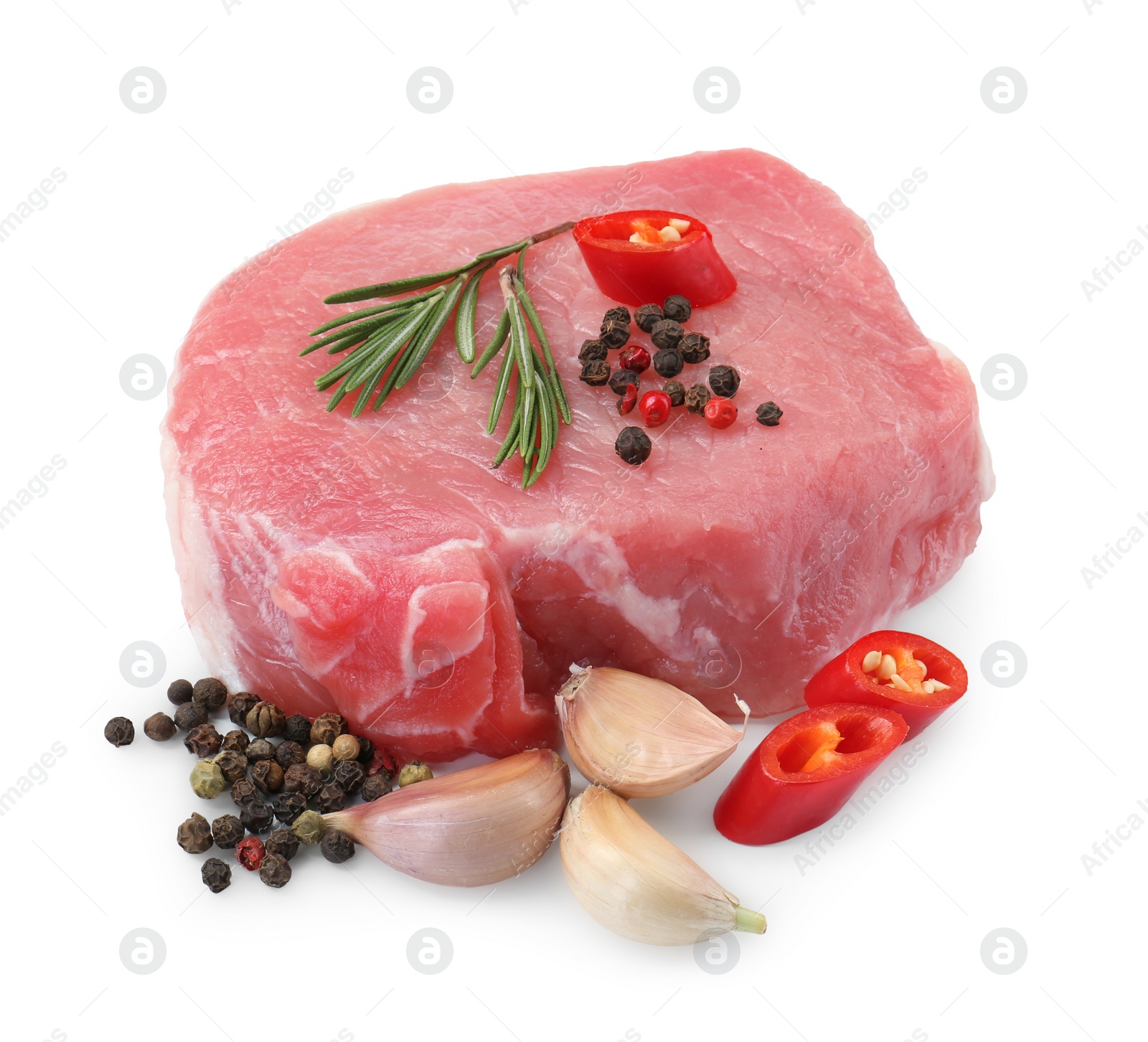 Photo of Piece of raw pork meat and spices isolated on white