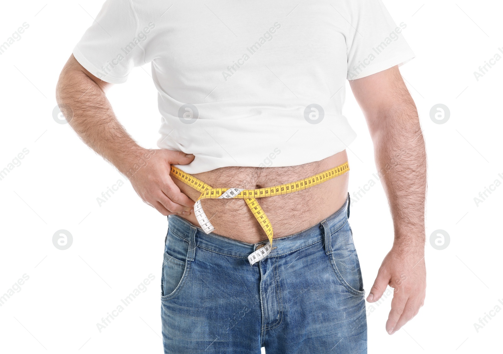 Photo of Overweight man with large belly and measuring tape isolated on white, closeup