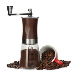 Modern manual coffee grinder with powder, beans and cup on white background