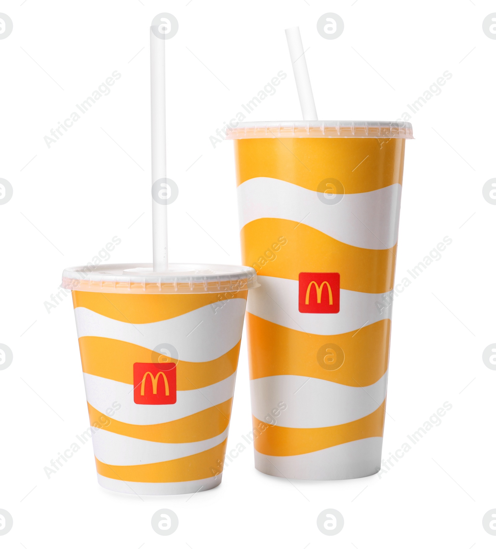 Photo of MYKOLAIV, UKRAINE - AUGUST 11, 2021: Cold McDonald's drinks isolated on white