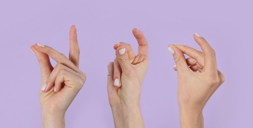 Image of Collage with photos of women snapping fingers on lilac background, closeup. Banner design