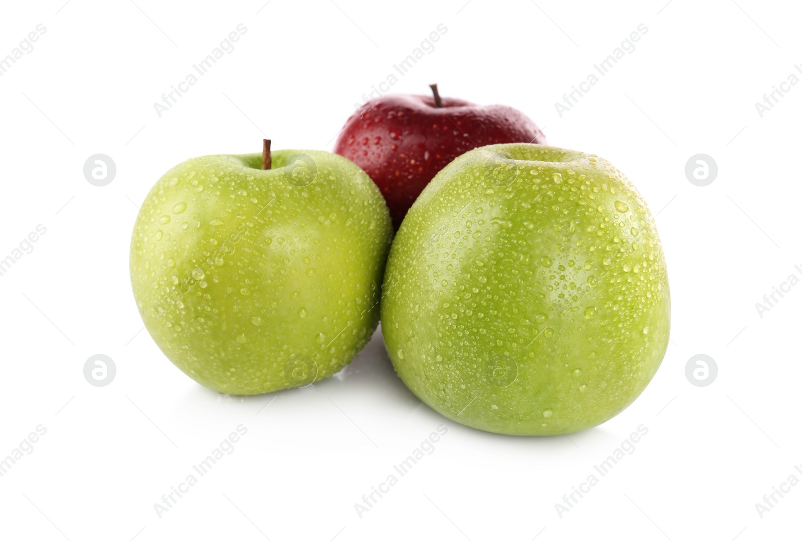 Photo of Fresh juicy green and red apples with water drops isolated on white