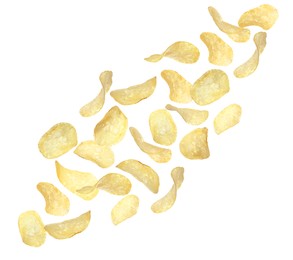 Image of Fried crispy potato chips flying on white background