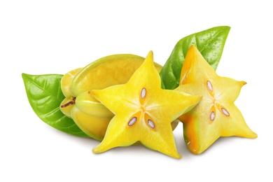 Delicious ripe carambola fruits on white background