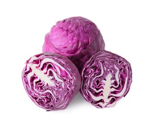 Photo of Whole and cut fresh red cabbages isolated on white