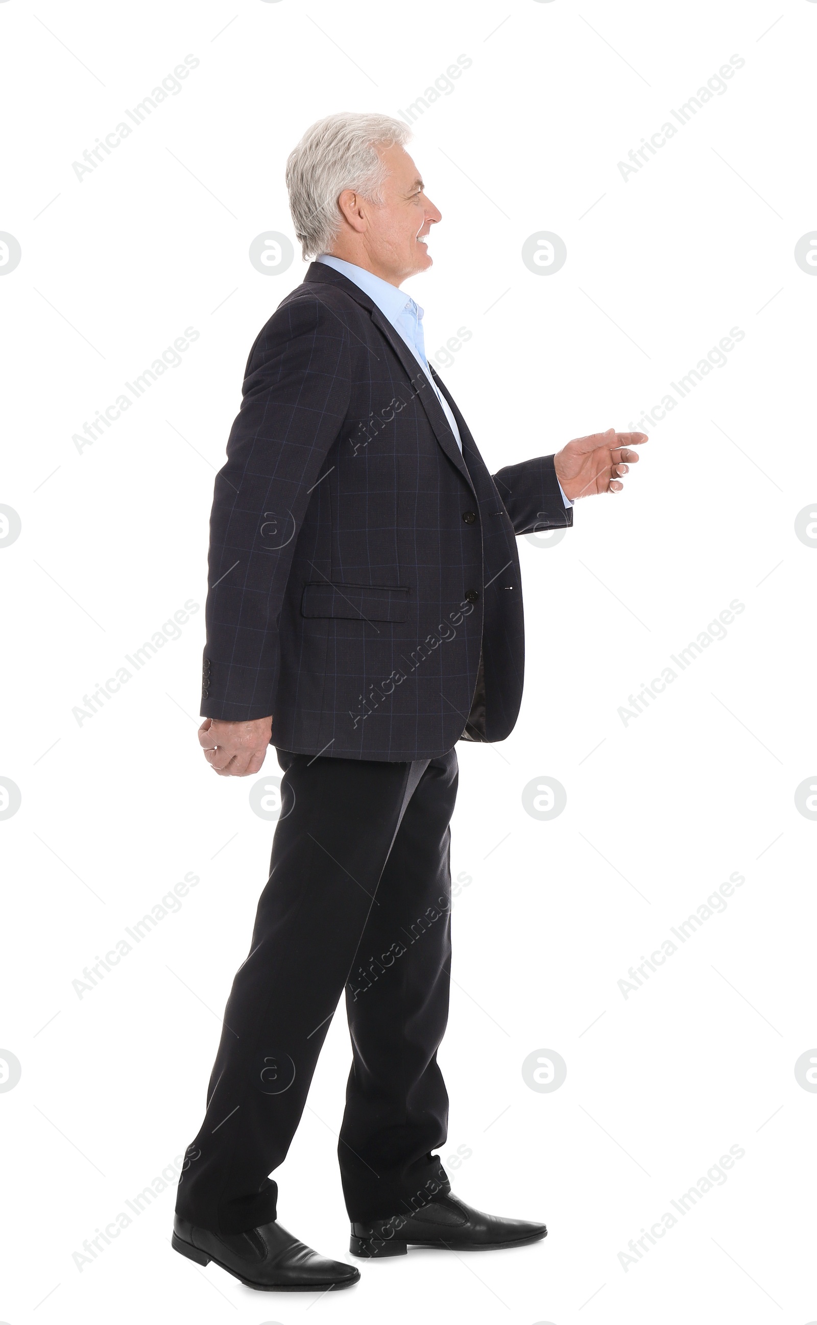 Photo of Handsome mature man in stylish suit on white background