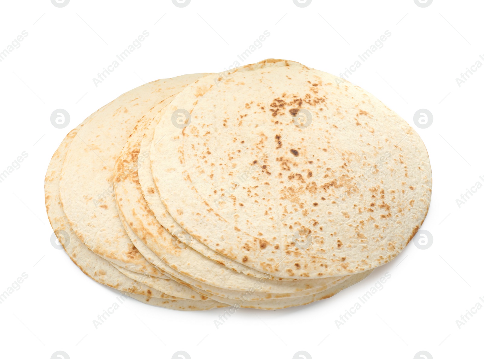 Photo of Many tasty homemade tortillas isolated on white