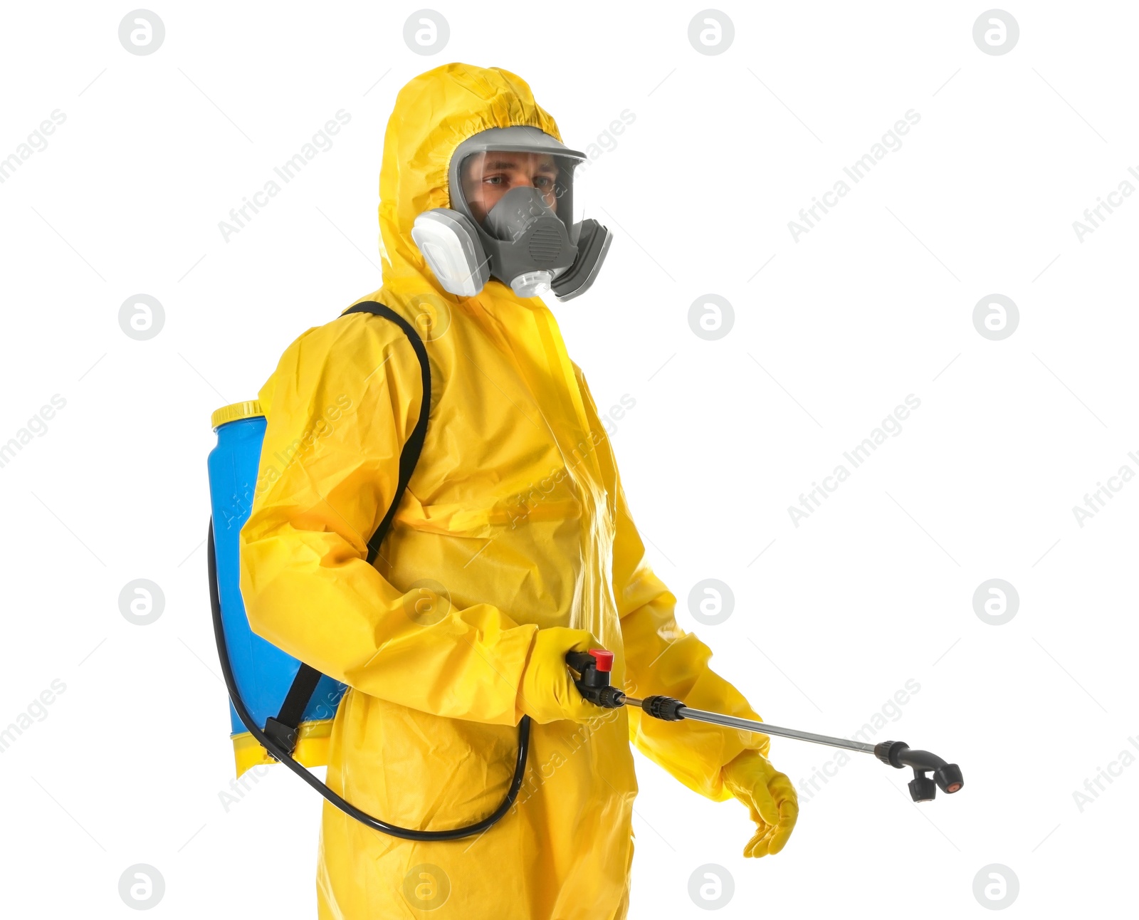 Photo of Man wearing protective suit with insecticide sprayer on white background. Pest control