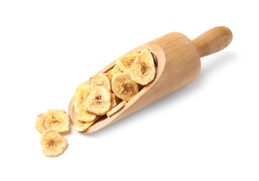 Photo of Wooden scoop with banana slices on white background. Dried fruit as healthy snack